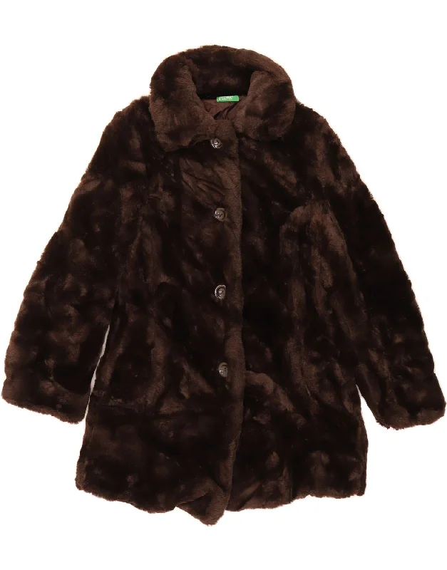Women Fashion BENETTON Womens Faux Fur Overcoat UK 6 XS Brown Acrylic