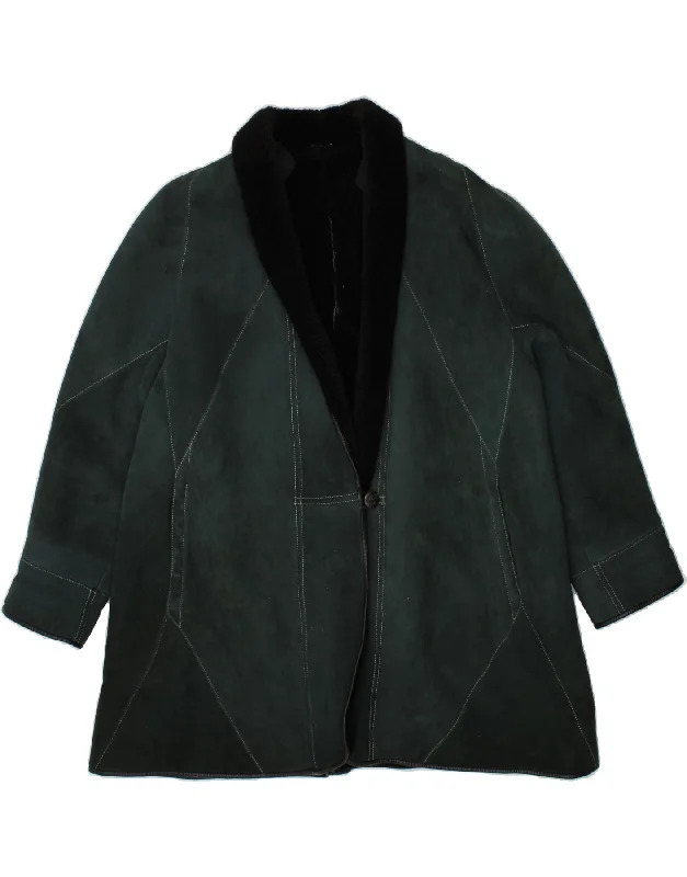 Women's High Street Fashion VINTAGE Womens Shearling Coat UK 16 Large Green Leather