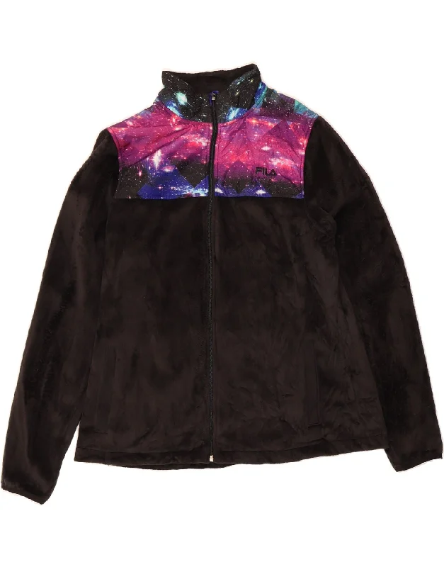 Earthy Tones FILA Womens Fleece Jacket UK 16 Large Black Colourblock Polyester
