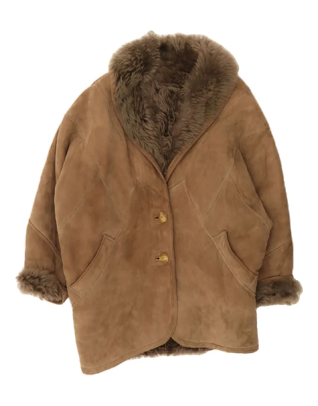 City Fashion VINTAGE Womens Oversized Shearling Coat EU 40 Medium Brown