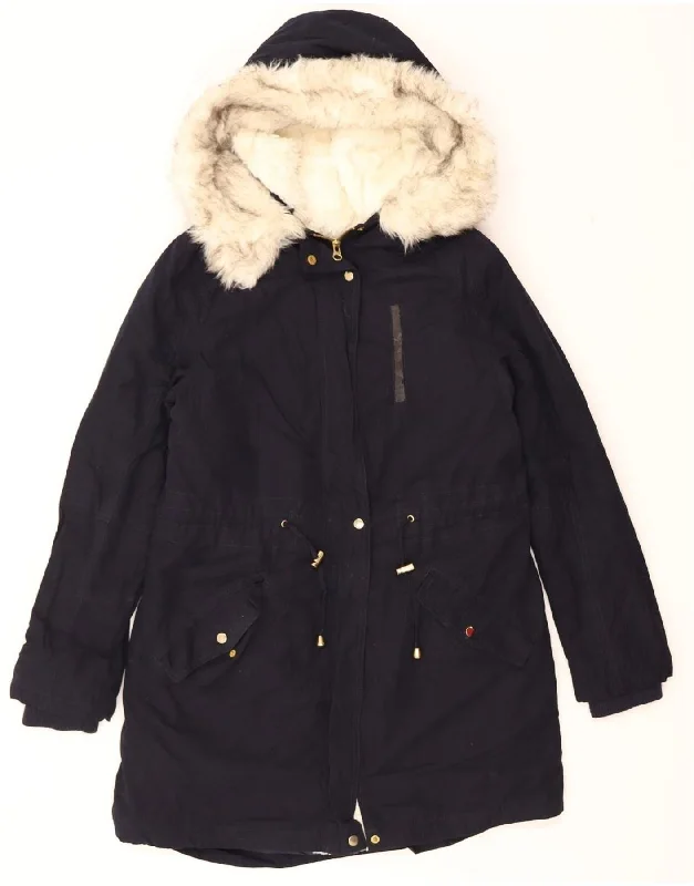 Summer Sale OASIS Womens Hooded Parka Jacket UK 10 Small Navy Blue Polyester