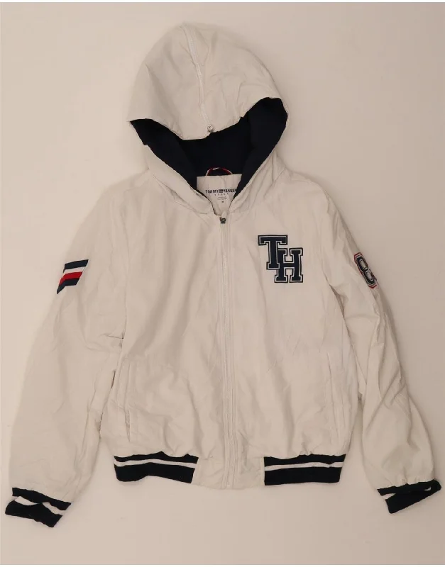 Comfortable Women's Outfits TOMMY HILFIGER Womens Graphic Hooded Bomber Jacket UK 14 Medium White
