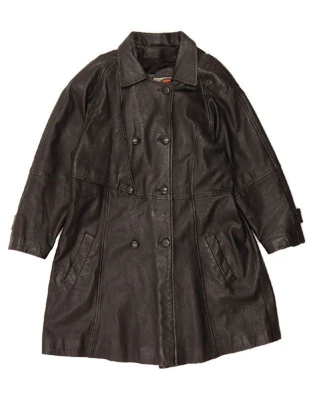 Online Boutique Stores VINTAGE Womens Double Breasted Leather Coat UK 10 Small Black Leather