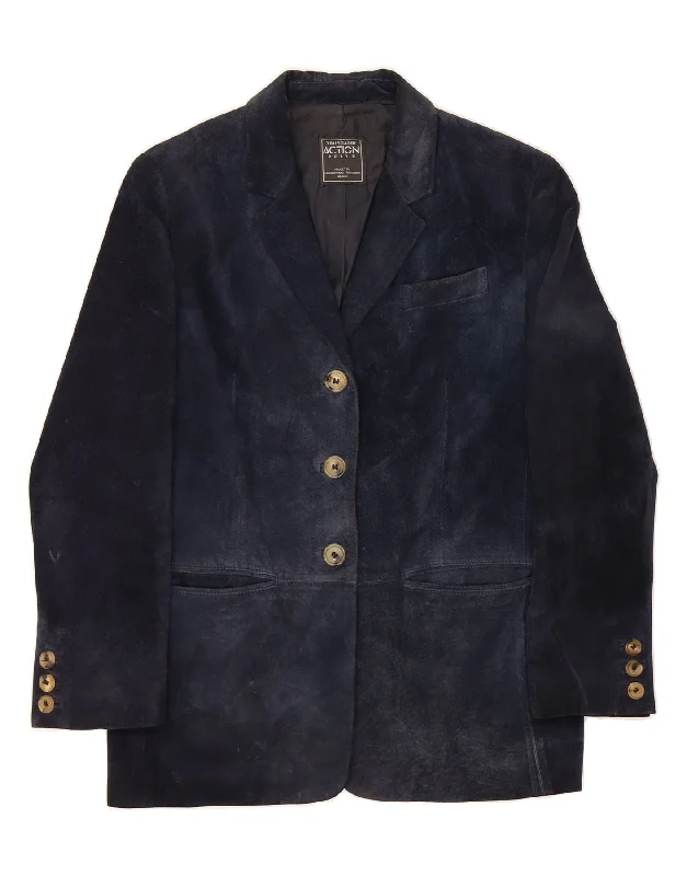 Women's Night-Out Outfit TRUSSARDI Womens Suede 3 Button Blazer Jacket IT 42 Medium Navy Blue