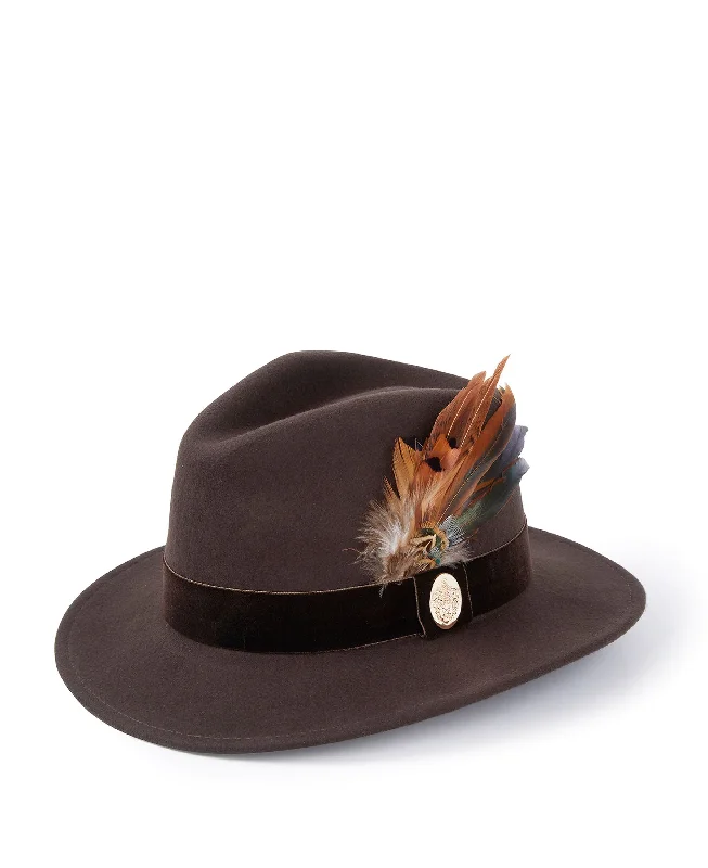 Trendy Women's Apparel for All Seasons Chelsworth Fedora Bronze Luxe Feather - Dark Brown