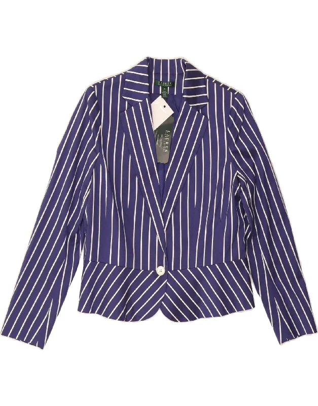 Big Sale Event RALPH LAUREN Womens 1 Button Blazer Jacket US 12 Large Blue Striped Cotton