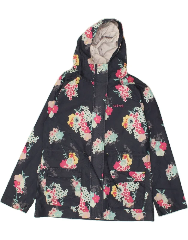 Summer Sale ANIMAL Womens Hooded Windbreaker Jacket UK 10 Small Navy Blue Floral