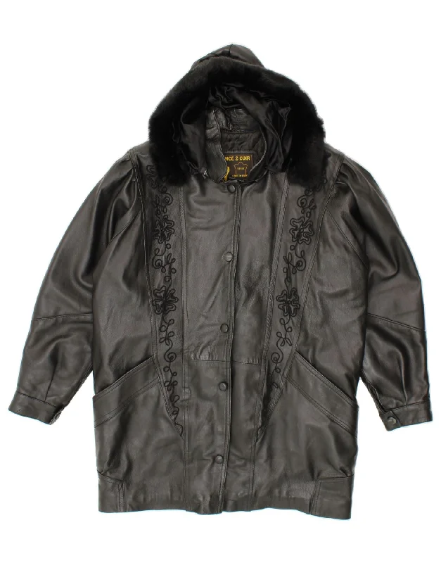 Charming Women's Holiday Apparel VINTAGE Womens Hooded Leather Coat UK 20 2XL Black Leather