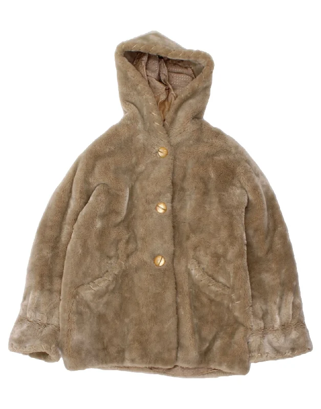 Trendy Athleisure Clothing For Women VINTAGE Womens Hooded Faux Fur Jacket UK 16 Large Beige