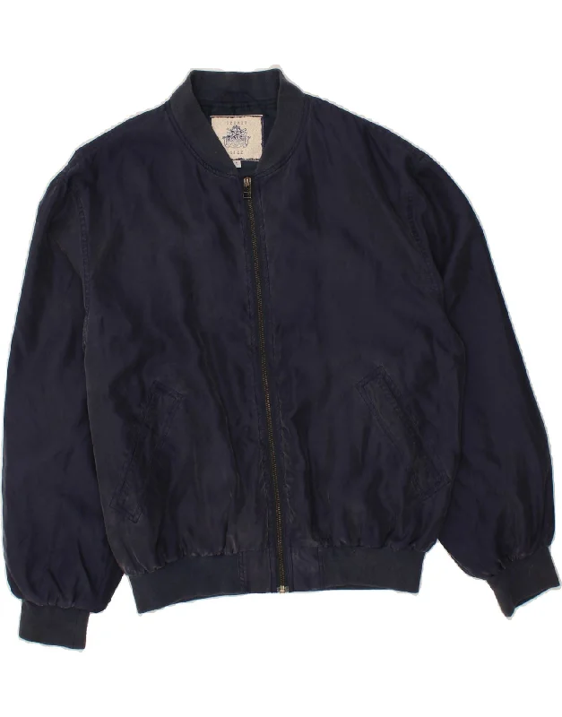 Timeless Elegance VINTAGE Womens Oversized Bomber Jacket UK 10 Small Navy Blue Silk