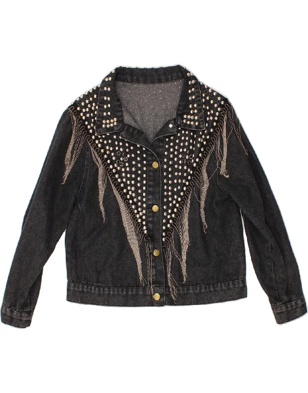Plus Size Women Wear VINTAGE Womens Crop Denim Jacket UK 10 Small Grey