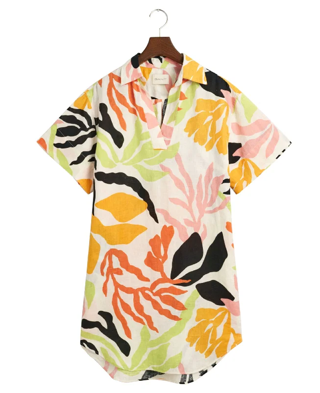 Sustainable Women's Clothing Palm Print Linen Short Sleeve Caftan - Medal Yellow