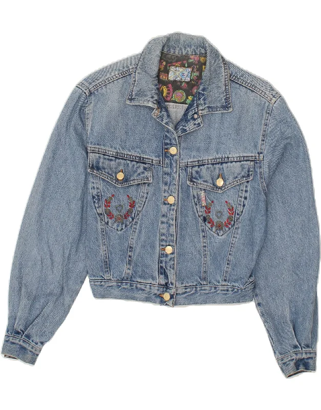 Women's Activewear Attire VINTAGE Womens Crop Denim Jacket UK 14 Medium Blue Floral Cotton