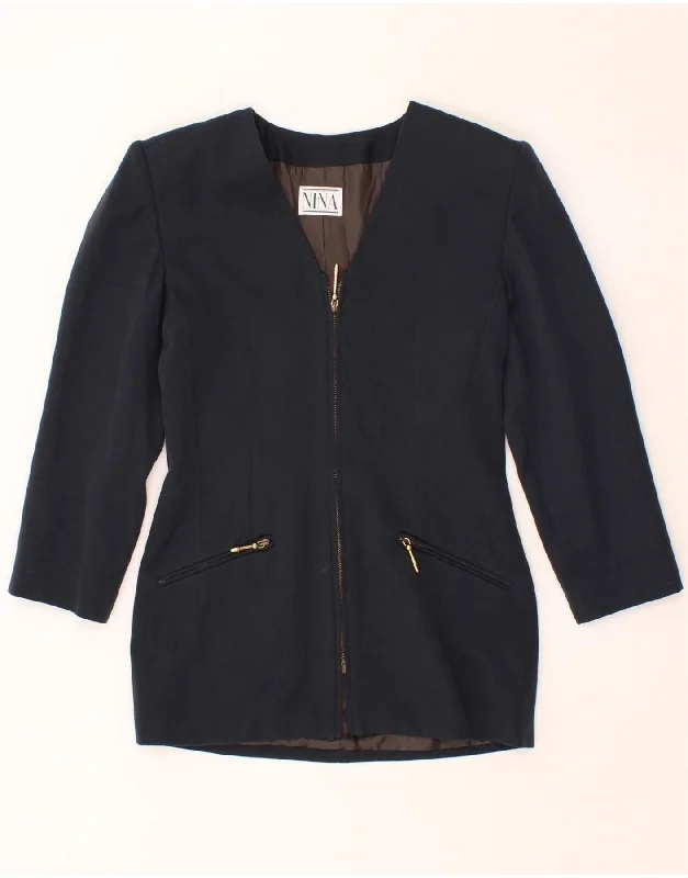 Seasonal Sale NINA Womens 3/4 Sleeve Blazer Jacket IT 42 Medium Navy Blue Wool