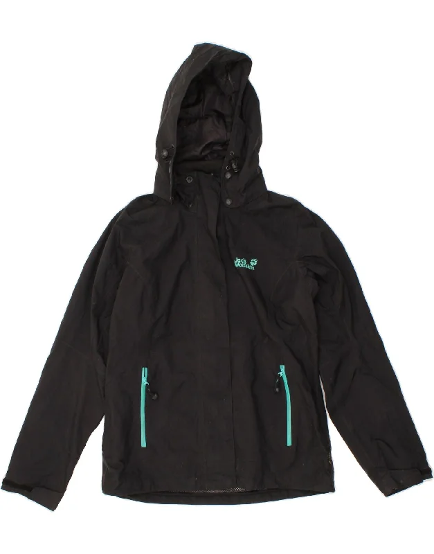 Fashion Essentials JACK WOLFSKIN Womens Hooded Rain Jacket UK 12/14 Medium Black Polyamide