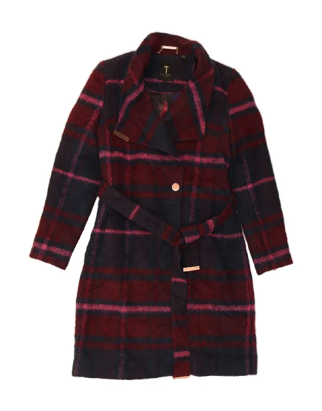 Sophisticated Style TED BAKER Womens Overcoat Size 2 Small Red Check Acrylic