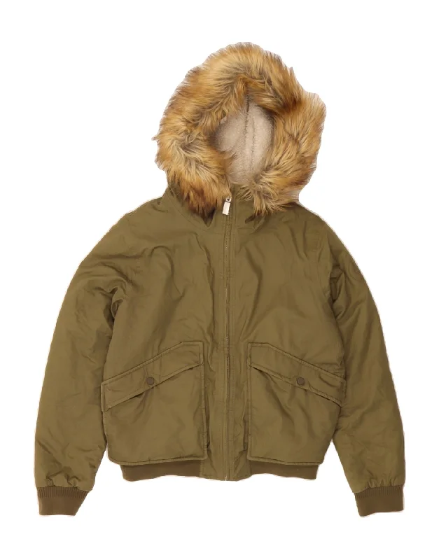 Women's Trendy Apparel HUNTER Womens Hooded Bomber Jacket UK 14 Medium Khaki Cotton