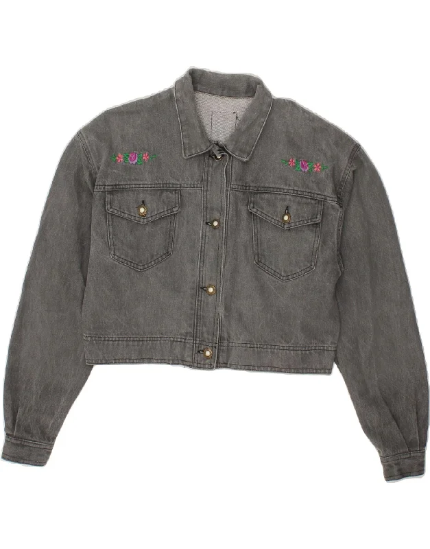 Affordable Women's Apparel WILD Womens Crop Denim Jacket UK 14 Medium Grey Floral