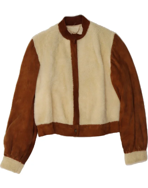 Relaxed Style VINTAGE Womens Crop Sherpa Jacket UK 12 Medium Off White Colourblock