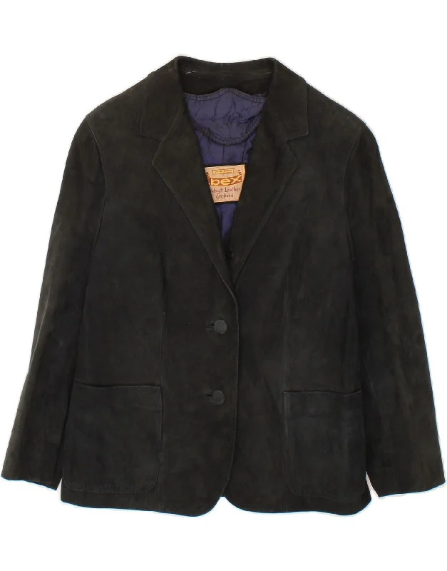 City Fashion VINTAGE Womens Suede 2 Button Blazer Jacket UK 14 Medium Black Leather