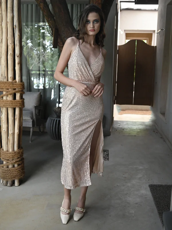 Big Discounts Odette Women Beige Net Lycra And Sequins Padded Side Slit Long Stitched Dress Big Discounts Odette Women Beige Net Lycra And Sequins Padded Side Slit Long Stitched Dress