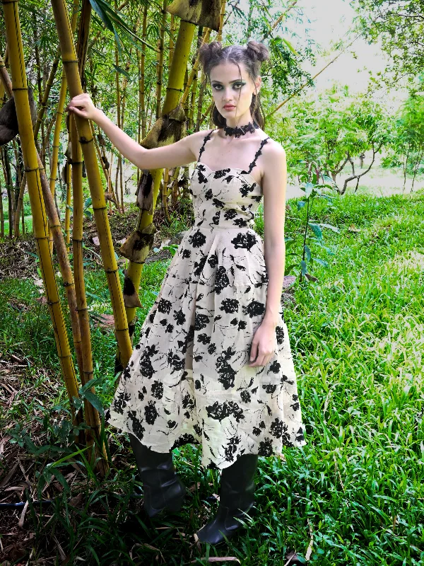 Trend Forward Threads For Her Odette Women Beige Printed Polyester Voil With Dobby Corset Stitched Dress