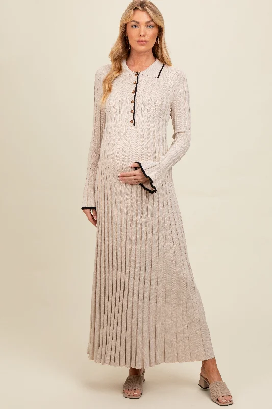 Casual Chic Beige Ribbed Knit Collared Button Up Maternity Maxi Dress