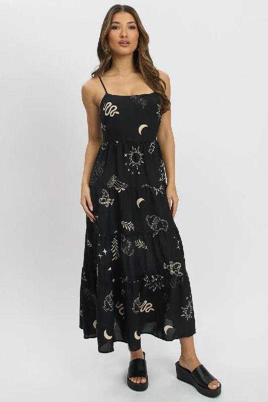 Browse Our Top Products Black Abstract Midi Dress Tiered Strappy