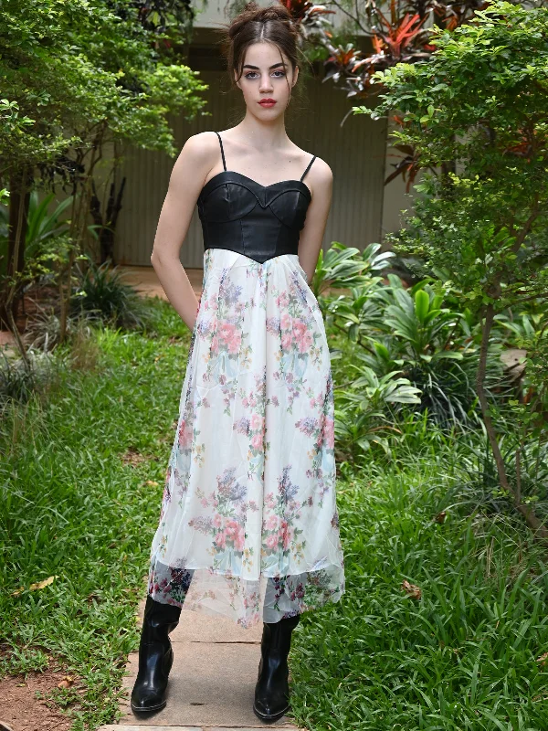 Feminine Grace Odette Women Black And White Printed Net And Pu Stitched Dress