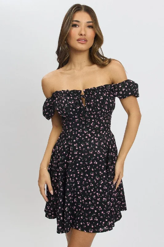 Flash Sale Starts Black Ditsy Fit And Flare Dress Mini