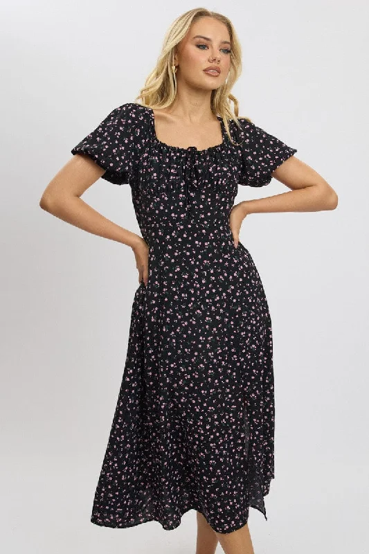 Shop Our Looks Black Ditsy Midi Dress Short Sleeve Side Split