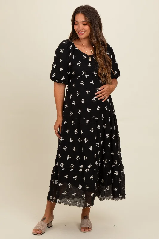 Charming Silhouette Black Floral Puff Sleeve Maternity Midi Dress