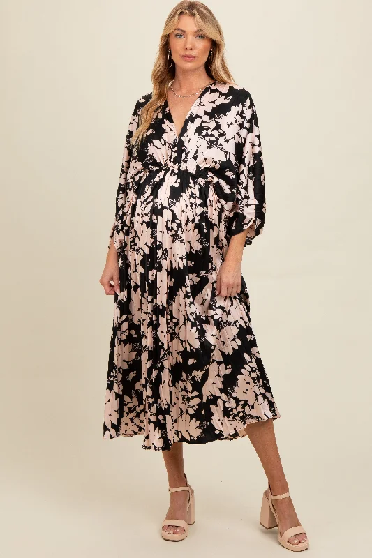 Trend Forward Threads Black Floral Satin Pleated V-Neck Maternity Maxi Dress