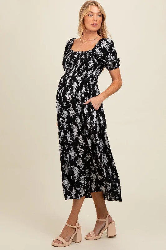 Statement Piece Black Floral Smocked Sweetheart Neckline Maternity Midi Dress