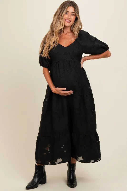 Summer Deals Black Floral Textured Tiered Midi Maternity Dress