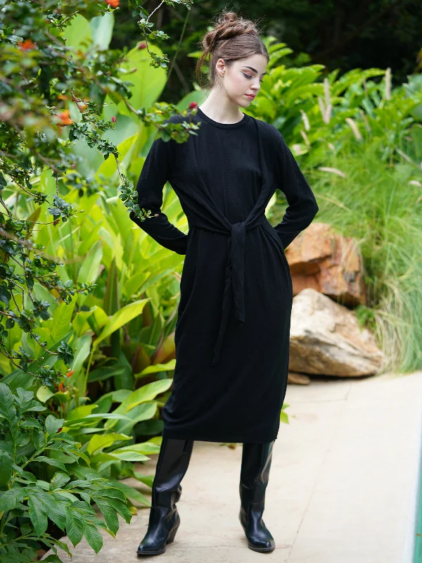 Quality Driven Apparel Odette Women Black Light Knit Solid Overall Long Stitched Dress