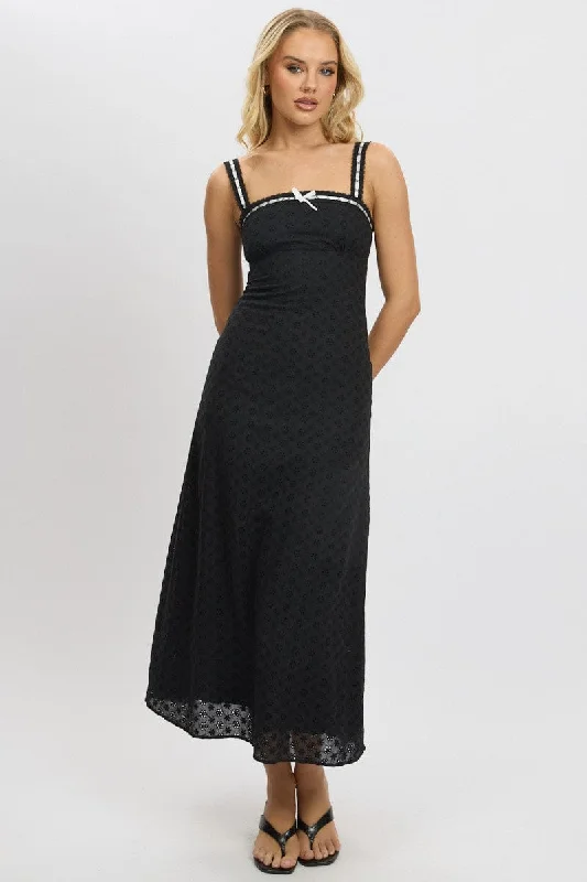Trendy Threads Black Midi Dress Lace Trim Sleeveless Eyelet Fabric