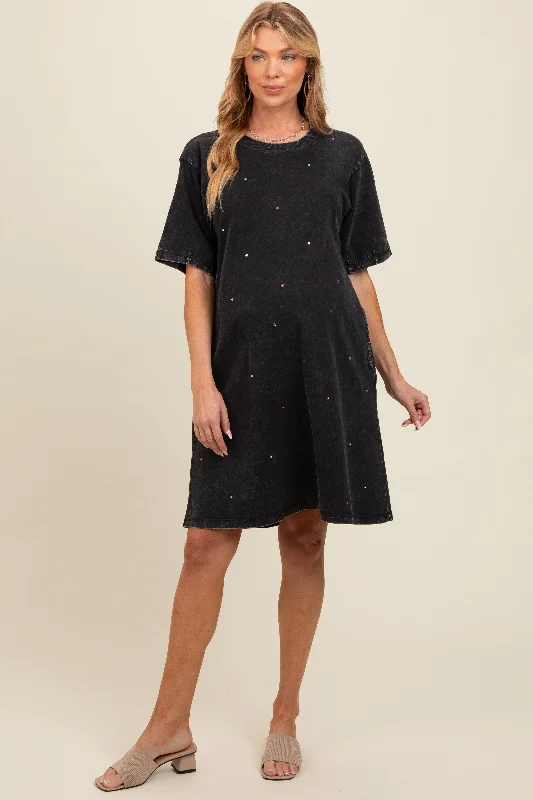 Athleisure Wear Promotion Black Rhinestone Mineral Washed Maternity T-Shirt Dress