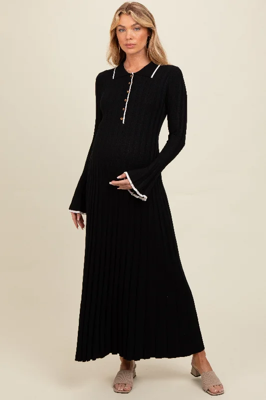 Casual Weekend Relaxed Style Black Ribbed Knit Collared Button Up Maternity Maxi Dress
