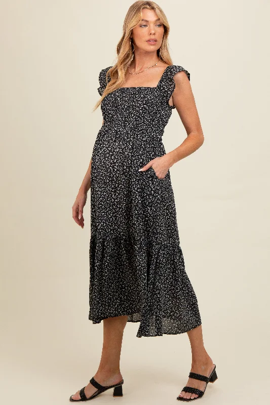 Flash Deals Black Ruffle Strap Smocked Maternity Mid Dress