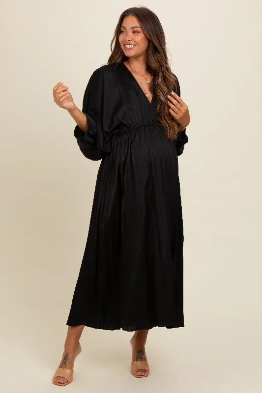 Elegant Style Black Satin Pleated V-Neck Maternity Maxi Dress