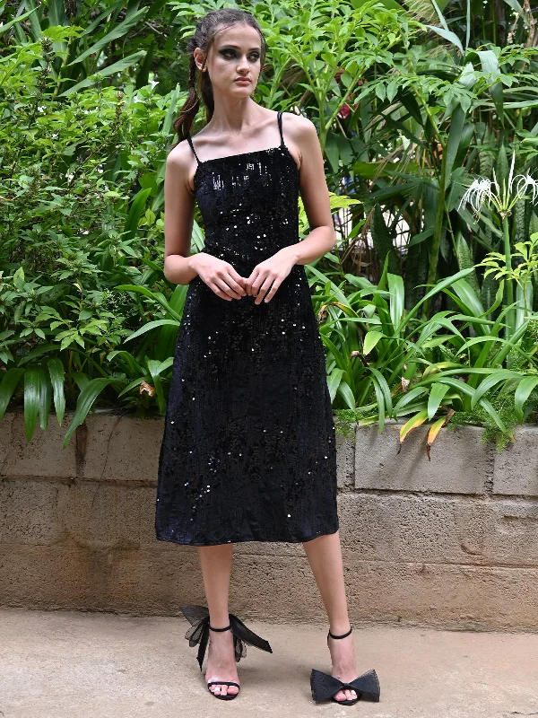 Limited Stock Odette Women Black Velvet And Sequins Embellished Stitched Dress With Spaghetti Straps