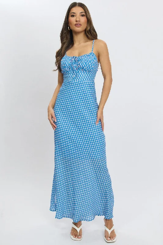 Style Revolution Blue Check Midi Dress Gathering Bust Sleeveless