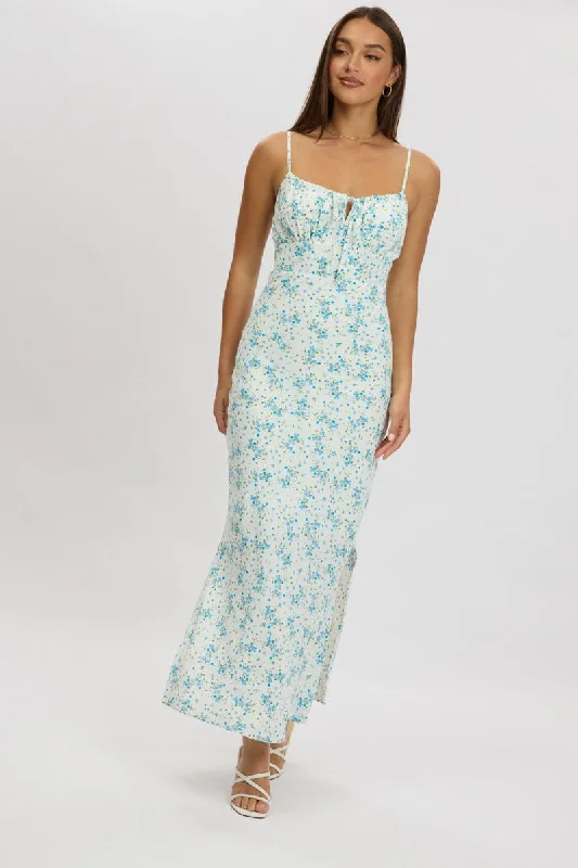 Forward Trendsetter Blue Floral Midi Dress Gathering Bust Sleeveless