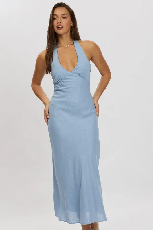 Chic Outfits Blue Midi Dress Halter Neck