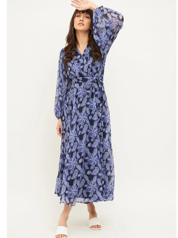 Effortless Sophistication Odette Blue Rayon Stitched Printed Indo Western Dress For Women
