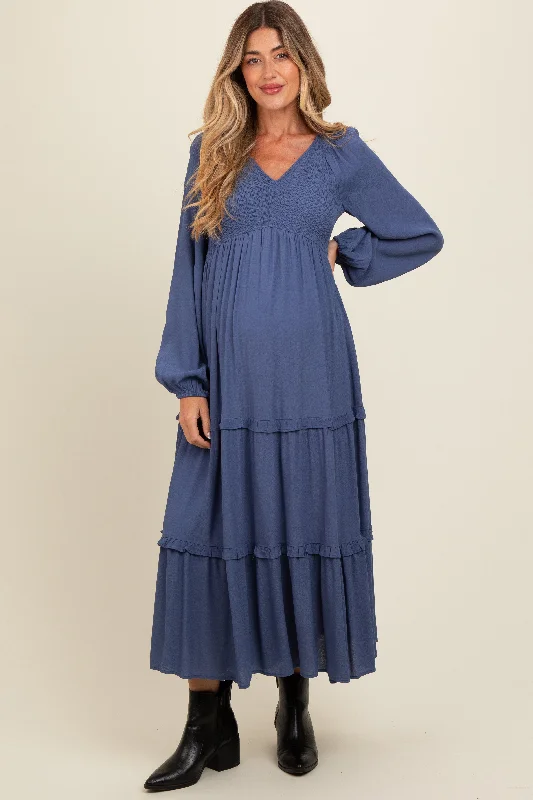 Trendy Street Style Attire Blue Smocked Tiered Maternity Midi Dress