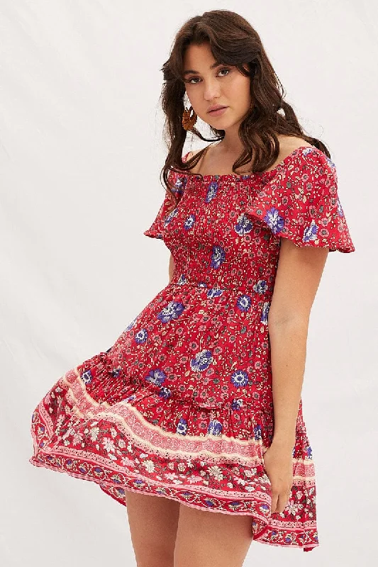 Stylish Savings Boho Print Square Neck Short Sleeve Skater Dress