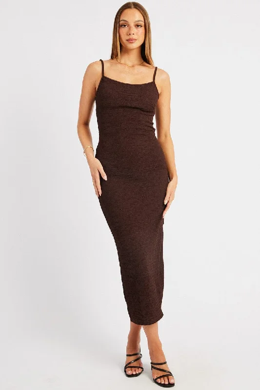 Stylish Looks Brown Bodycon Dress Singlet Textured Midi