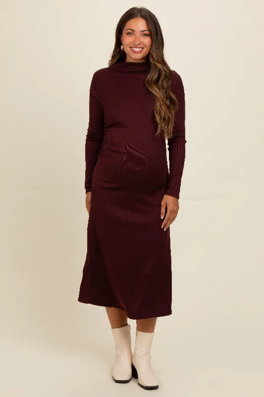 Discover Now Brown Ruffle Mock Neck Long Sleeve Maternity Midi Dress